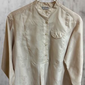 Margaret’s Silk/Satin Dusted Pink Off White Chinese pattern button up blouse